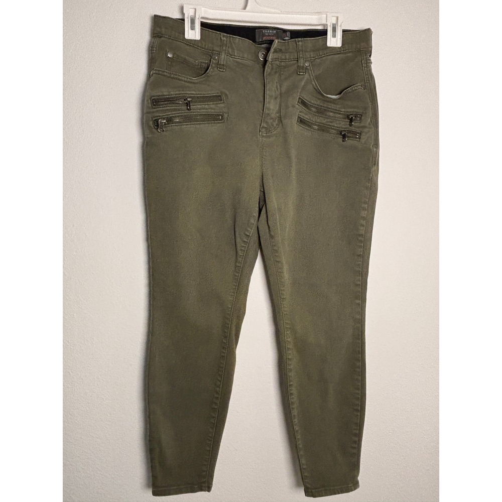 Torrid Sky High Skinny Jeans Olive Green Multi Zipper Pocket Super Soft 14S